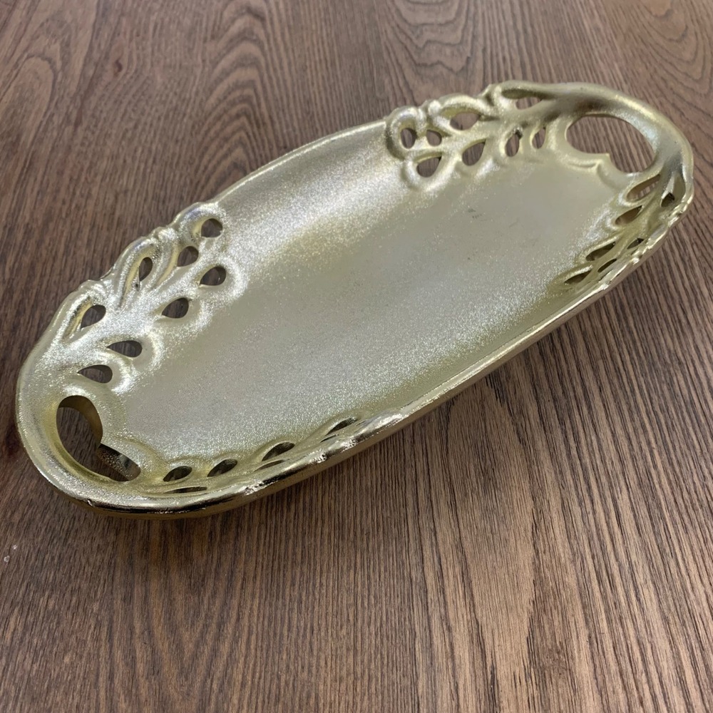 Gold Metallic Ceramic Oval Decorative Tray Openwork Lattice Filigree Handles 11"